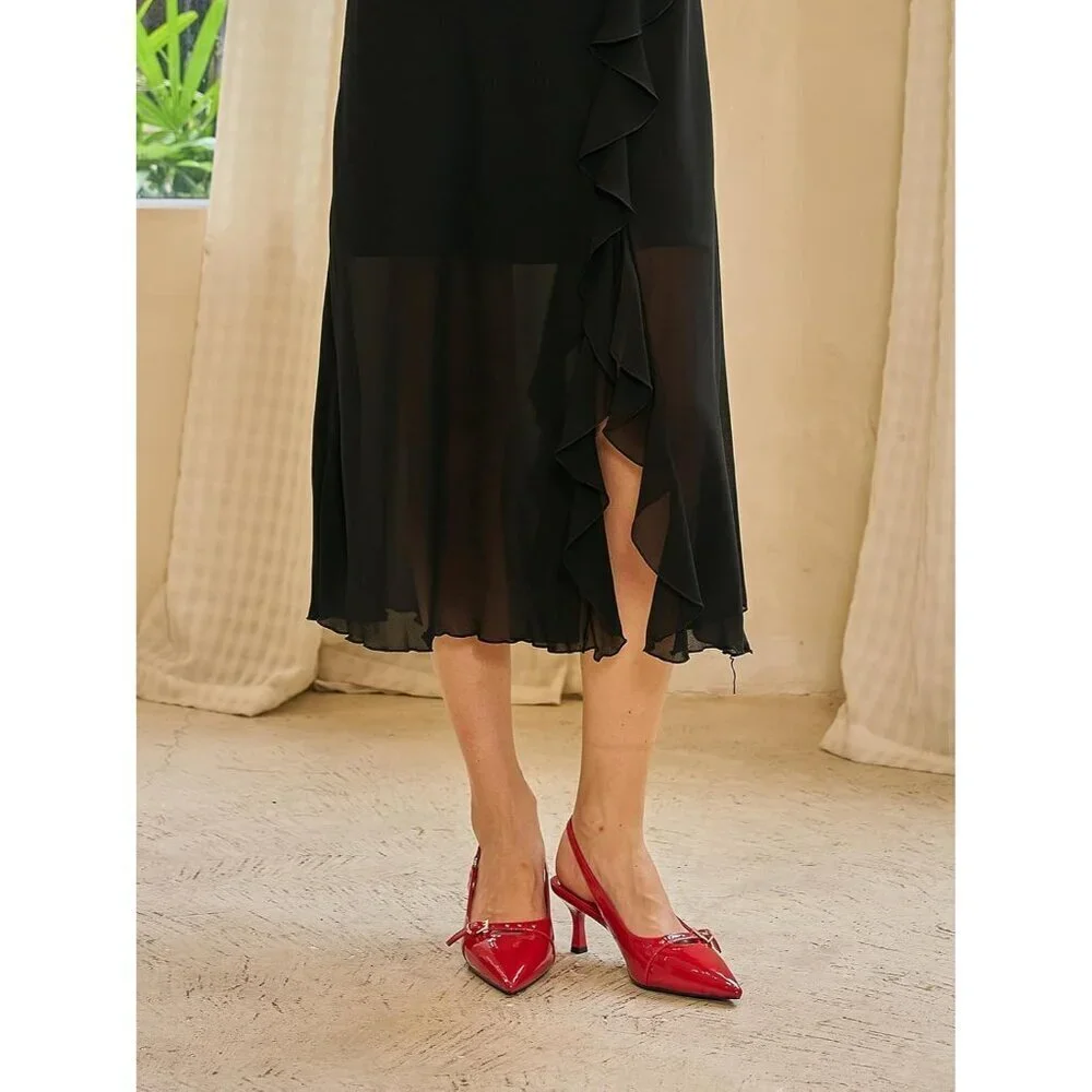 Women's Red 1 Pointed Closed Toe Slingback Kitten Heels Pumps Party Shoes
